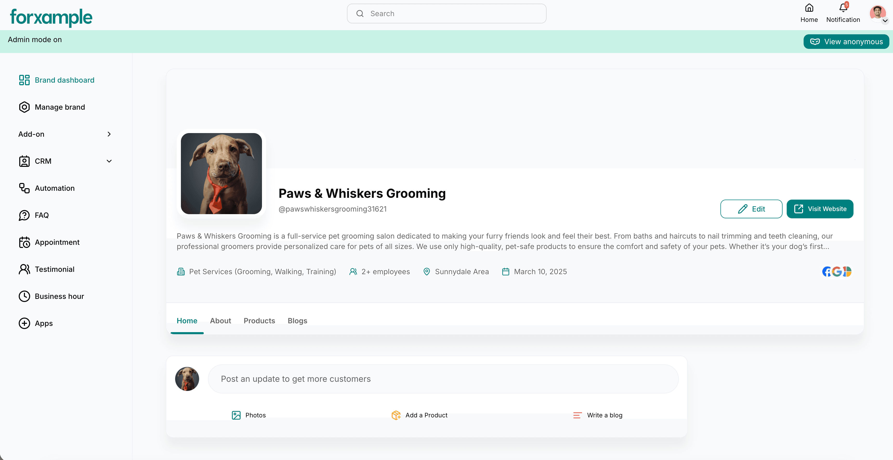 Forxample dashboard showing a local business profile, feed composer, and website management tools.