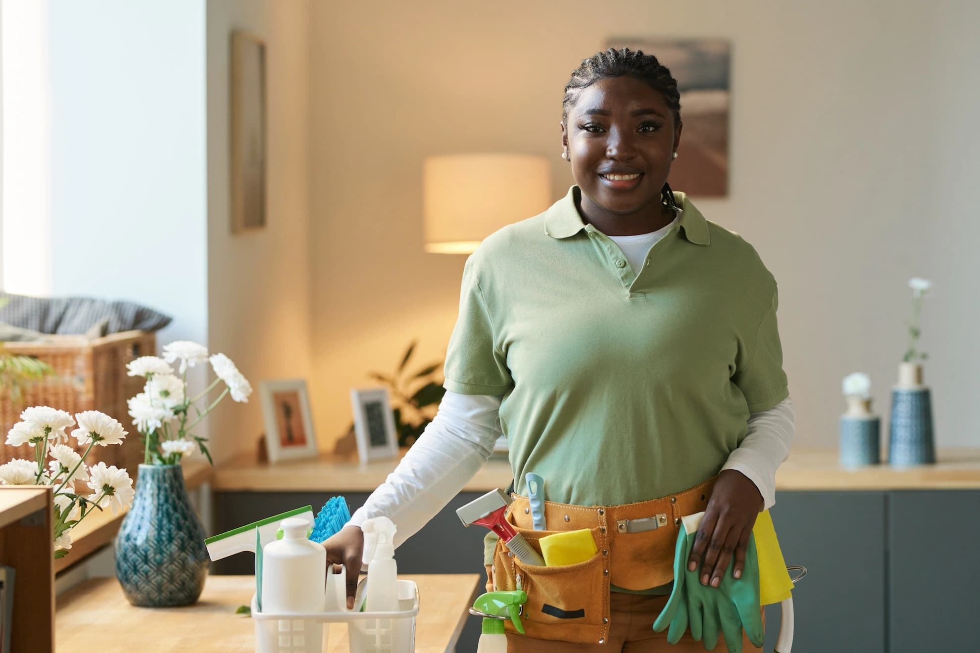 Smiling home cleaning professional with cleaning supplies