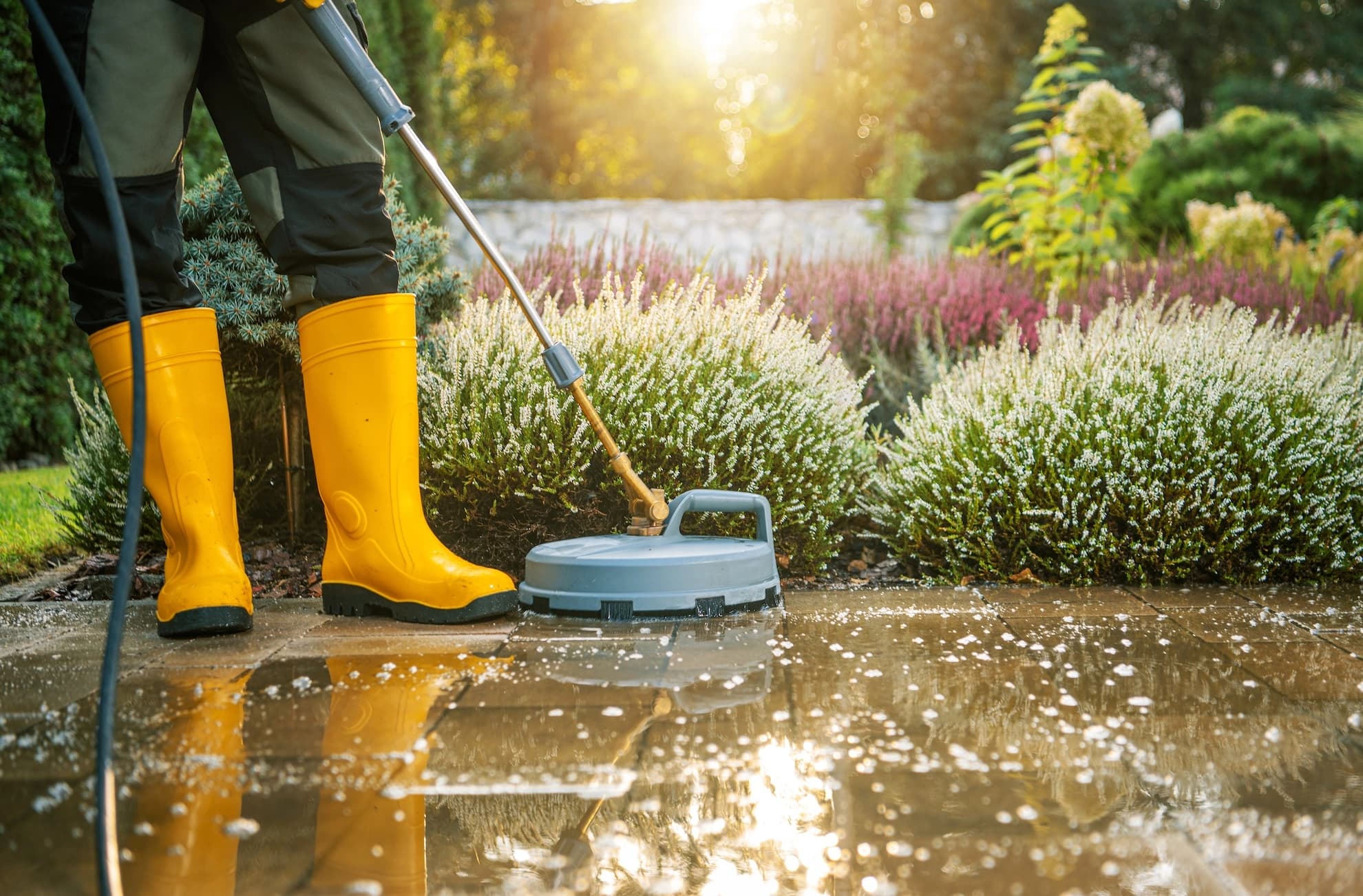 Professional pressure washer cleaning an outdoor patio